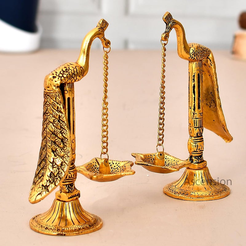Ascension مصباح زيت معدني يدوي من مجموعة 1 زوج من طيور الطاووس بسلسلة طويلة لغرفة البوجا، المنزل، المكتب، سلسلة معلقة، ديبك للمعابد، زينة ديوالي، هدايا، عناصر زينة بوجا - Image 3