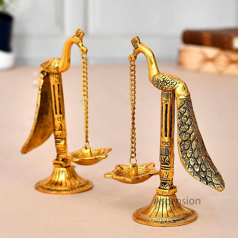 Ascension مصباح زيت معدني يدوي من مجموعة 1 زوج من طيور الطاووس بسلسلة طويلة لغرفة البوجا، المنزل، المكتب، سلسلة معلقة، ديبك للمعابد، زينة ديوالي، هدايا، عناصر زينة بوجا - Image 2