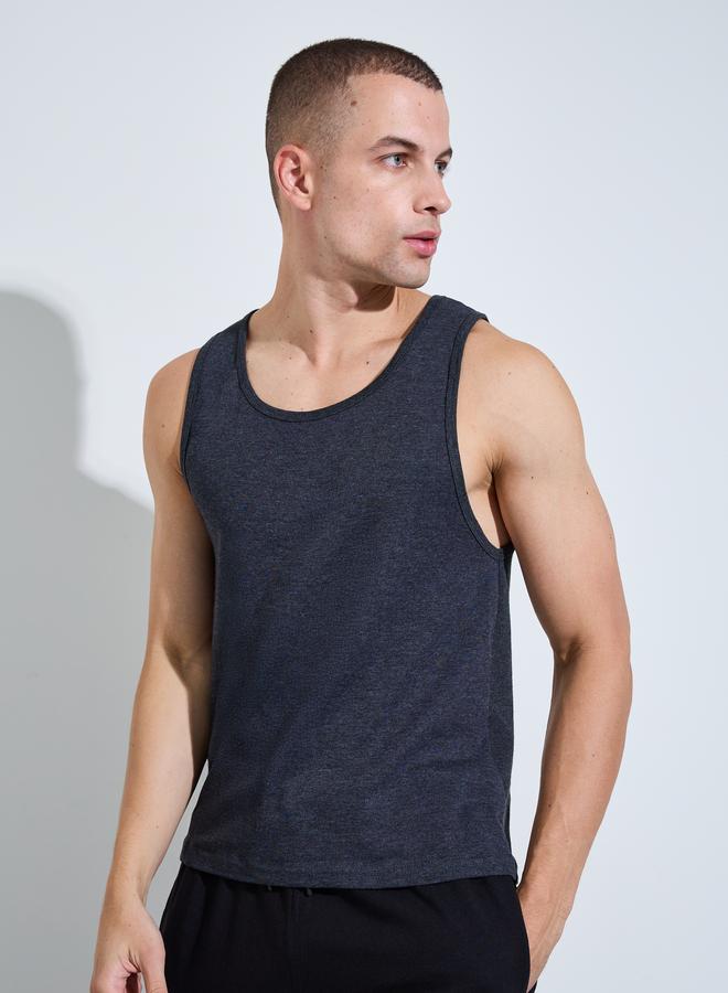Styli Charcoal Solid Round Neck Ribbed Vest - Image 3