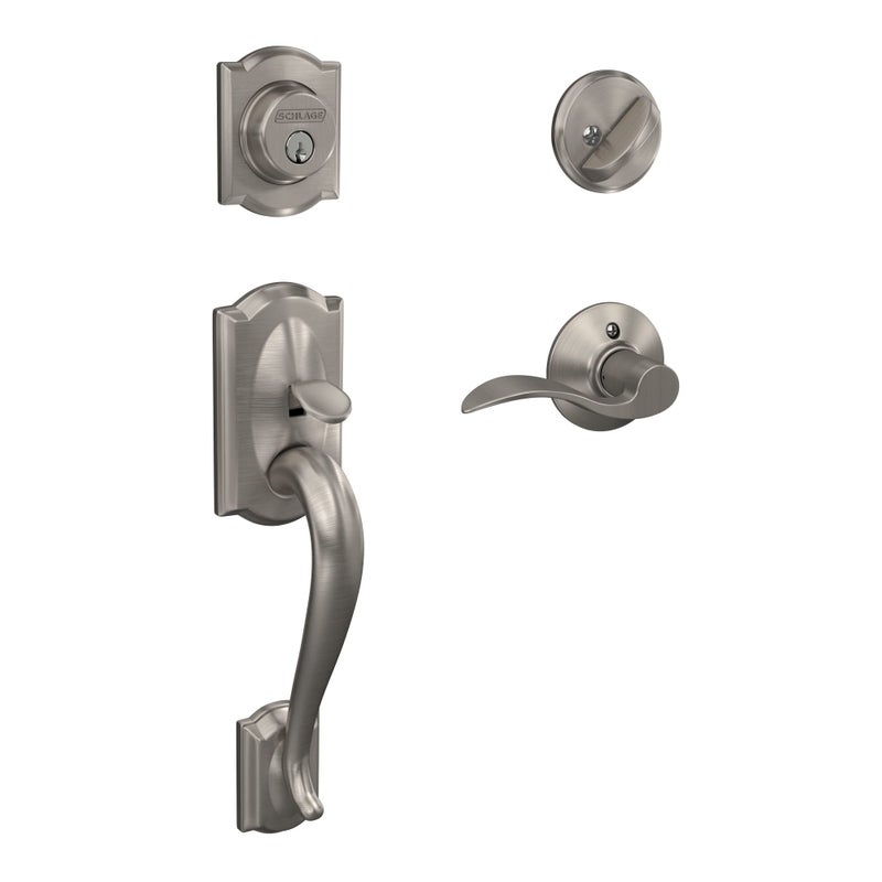 Schlage F60 V CAM 619 ACC Camelot Front Entry Handleset with Accent Lever, Deadbolt Keyed 1 Side, Satin Nickel - Image 1