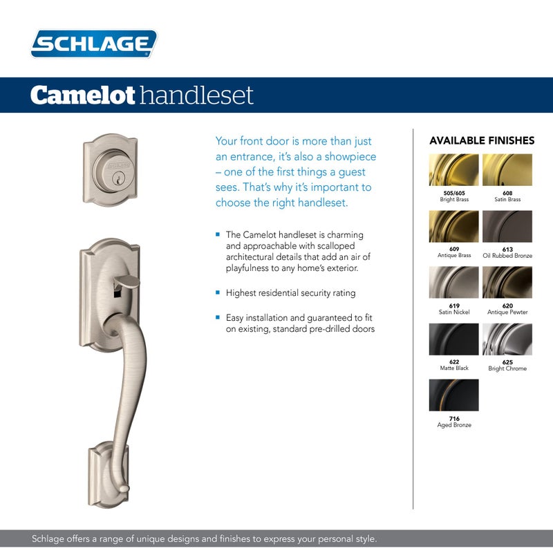 Schlage F60 V CAM 619 ACC Camelot Front Entry Handleset with Accent Lever, Deadbolt Keyed 1 Side, Satin Nickel - Image 4