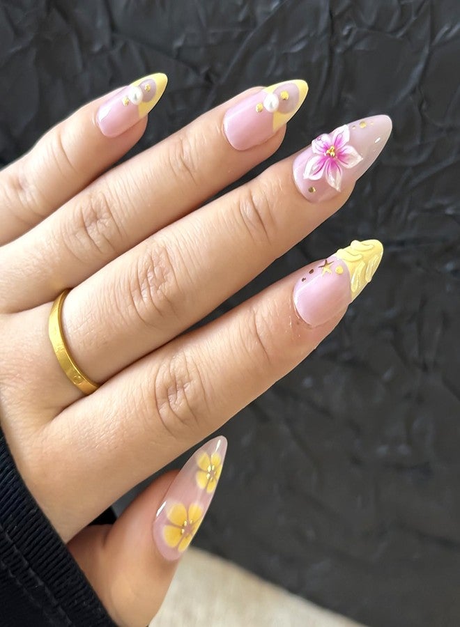 KZBTRBT 24Pcs Flower Press on Nails Medium Almond Fake Nails with 3D Pearl Gold Beads Starfish Designs Yellow French Tip Stick on Nails Five-Petal Flower Nail Art Handmade Summer Nail for Women DIY - Image 3