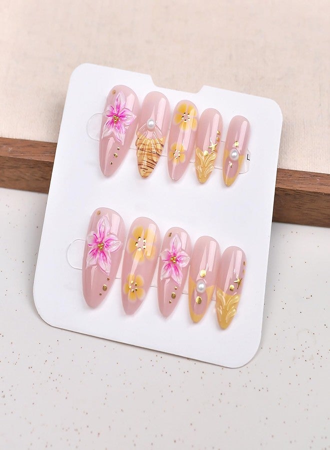 KZBTRBT 24Pcs Flower Press on Nails Medium Almond Fake Nails with 3D Pearl Gold Beads Starfish Designs Yellow French Tip Stick on Nails Five-Petal Flower Nail Art Handmade Summer Nail for Women DIY - Image 5