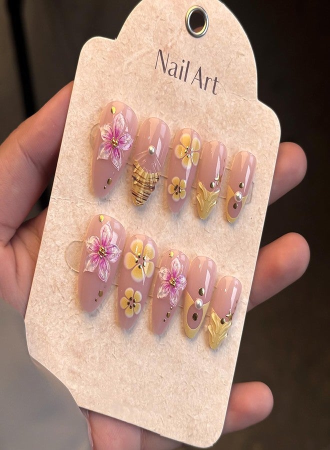 KZBTRBT 24Pcs Flower Press on Nails Medium Almond Fake Nails with 3D Pearl Gold Beads Starfish Designs Yellow French Tip Stick on Nails Five-Petal Flower Nail Art Handmade Summer Nail for Women DIY - Image 4