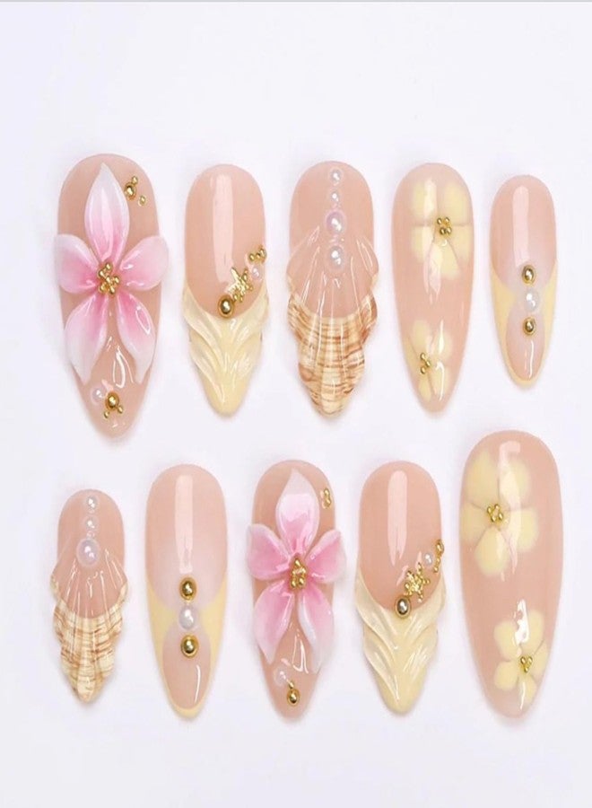 KZBTRBT 24Pcs Flower Press on Nails Medium Almond Fake Nails with 3D Pearl Gold Beads Starfish Designs Yellow French Tip Stick on Nails Five-Petal Flower Nail Art Handmade Summer Nail for Women DIY - Image 1