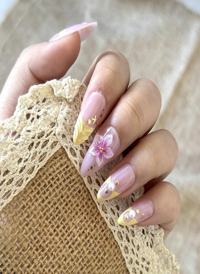 KZBTRBT 24Pcs Flower Press on Nails Medium Almond Fake Nails with 3D Pearl Gold Beads Starfish Designs Yellow French Tip Stick on Nails Five-Petal Flower Nail Art Handmade Summer Nail for Women DIY - Image 2