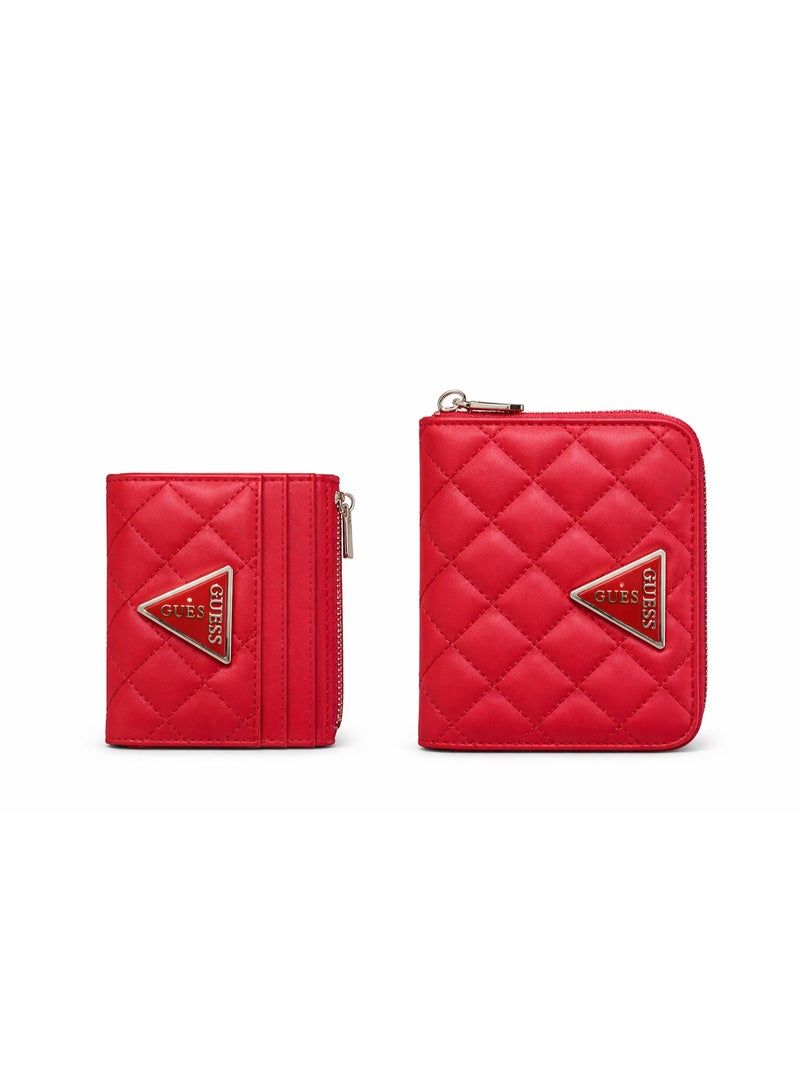 Guess Quilted Card Holder & Zip Wallet Set – Red with Triangle Logo