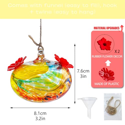 KRISININE 3inch Hand Blown Glass Hummingbird Feeders for Outdoors with 2 Feeding Ports Leak Proof Small Glass Humming Bird Feeder for Window Garden Patio Decoration - Image 2