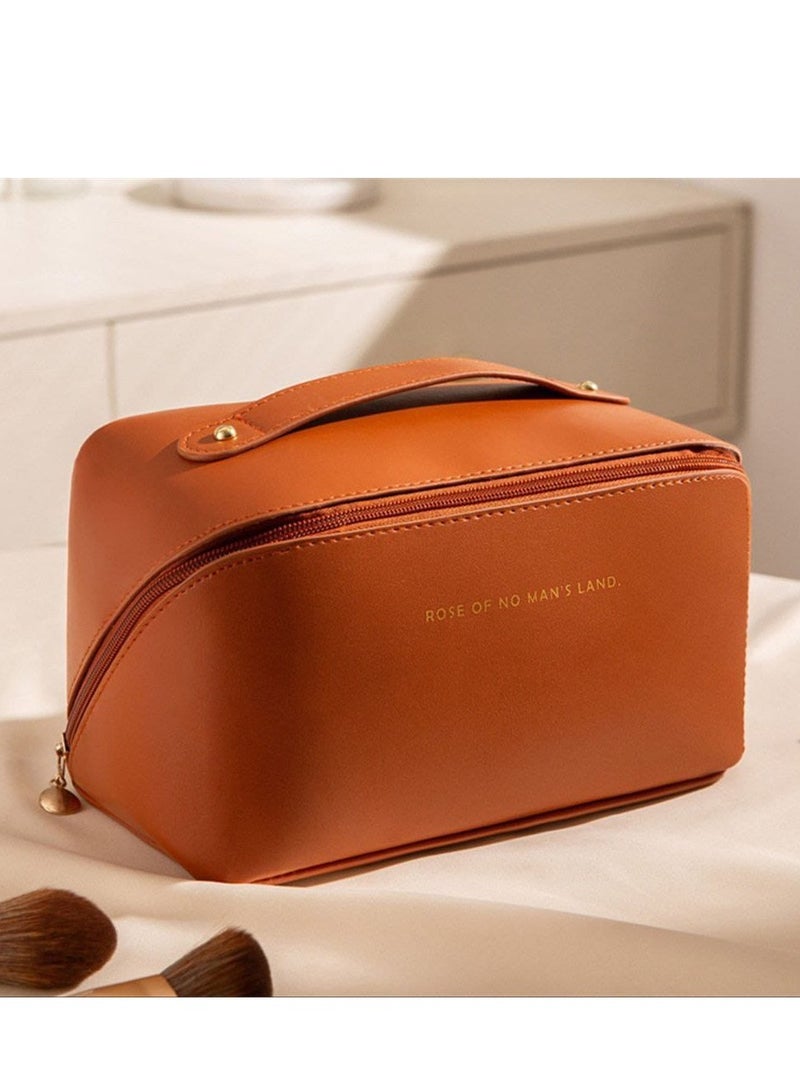 Portable Multifunctional Easy Carry Zipper Cosmetic Bag Travel Organizer Brown - Image 1