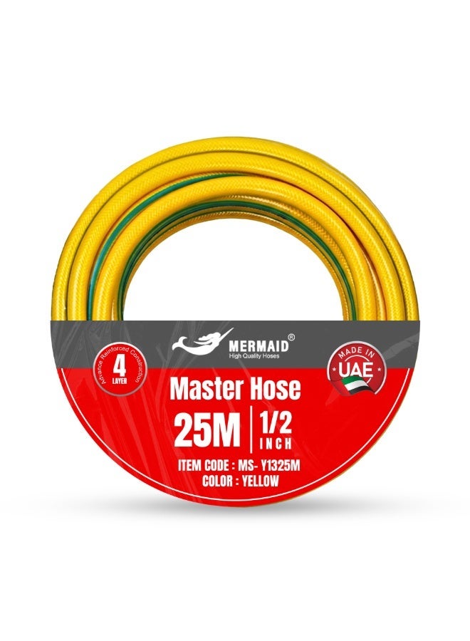 Mermaid 1/2 Inch x 25 Meter Garden Hose Pipe Yellow | 4 Layer PVC Reinforced Water Hose with High Tensile Textile | Flexible Heavy Duty Irrigation & Watering Hose | Made in UAE - Image 1