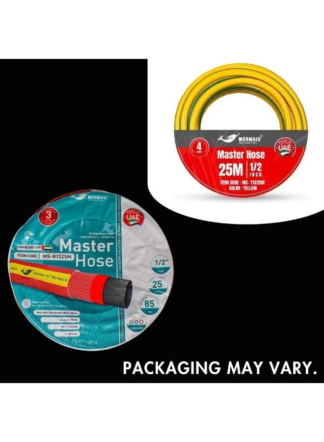 Mermaid 1/2 Inch x 25 Meter Garden Hose Pipe Yellow | 4 Layer PVC Reinforced Water Hose with High Tensile Textile | Flexible Heavy Duty Irrigation & Watering Hose | Made in UAE - Image 3