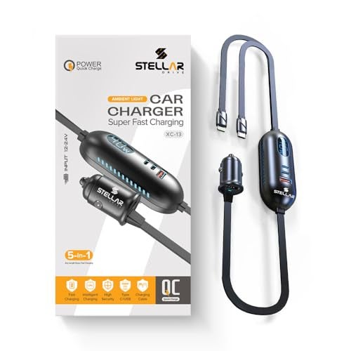 Stellar Drive XC-13 112W Car Charger Fast Charging, 5-in-1 USB C & USB A Multi Port with 1.5M Extension Cable, QC3.0 Super Fast Car Phone Charger for iPhone Android iPad – Space Gray - Image 1