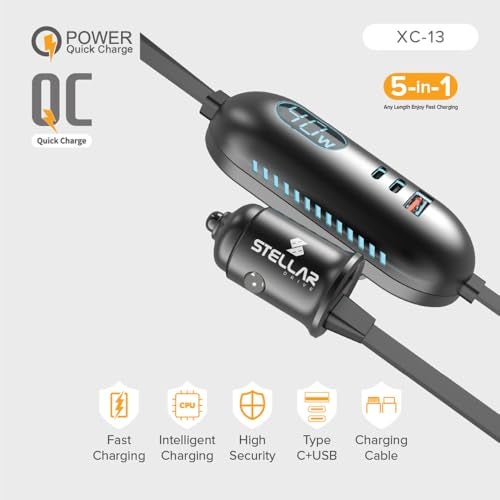 Stellar Drive XC-13 112W Car Charger Fast Charging, 5-in-1 USB C & USB A Multi Port with 1.5M Extension Cable, QC3.0 Super Fast Car Phone Charger for iPhone Android iPad – Space Gray - Image 2