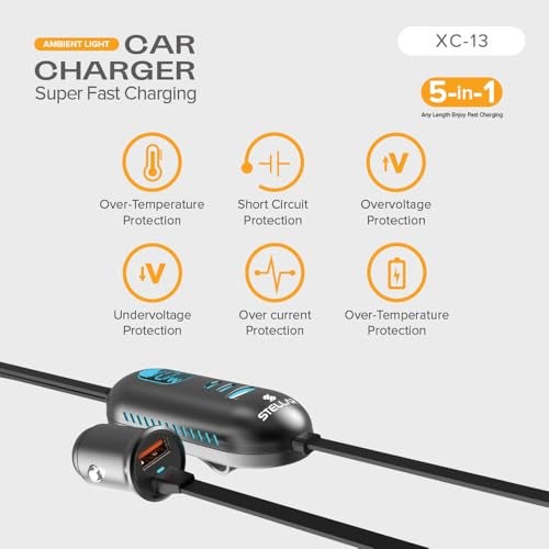 Stellar Drive XC-13 112W Car Charger Fast Charging, 5-in-1 USB C & USB A Multi Port with 1.5M Extension Cable, QC3.0 Super Fast Car Phone Charger for iPhone Android iPad – Space Gray - Image 3