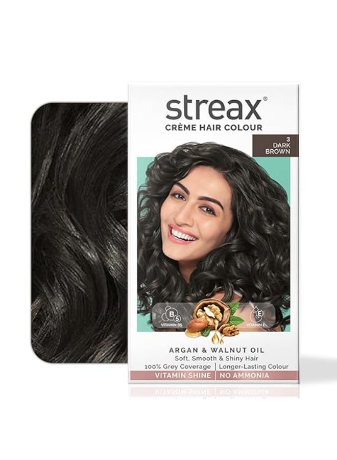 Streax Women's Crème Permanent Hair Colour - 3 Dark Brown Hair Color, 100% Grey Coverage,Ammonia Free Hair Color, Long Lasting Hair Colour, Colourant Tube 60G, Developer Bottle 60Ml, Conditioner 20G - Image 1