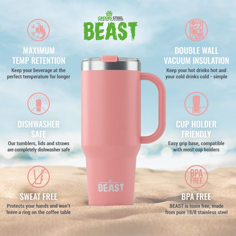 Greens Steel Beast 42 oz Tumbler Stainless Steel Vacuum Insulated Coffee Ice Cup Double Wall Travel Flask (Blossom Pink)  - Image 4