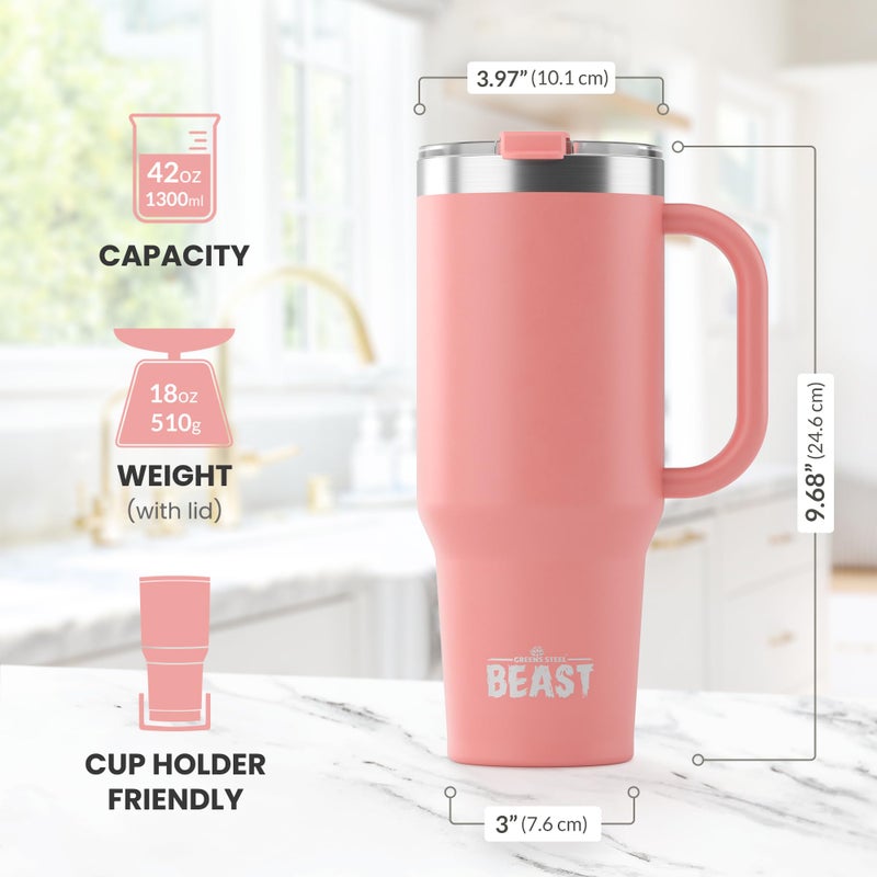 Greens Steel Beast 42 oz Tumbler Stainless Steel Vacuum Insulated Coffee Ice Cup Double Wall Travel Flask (Blossom Pink)  - Image 3