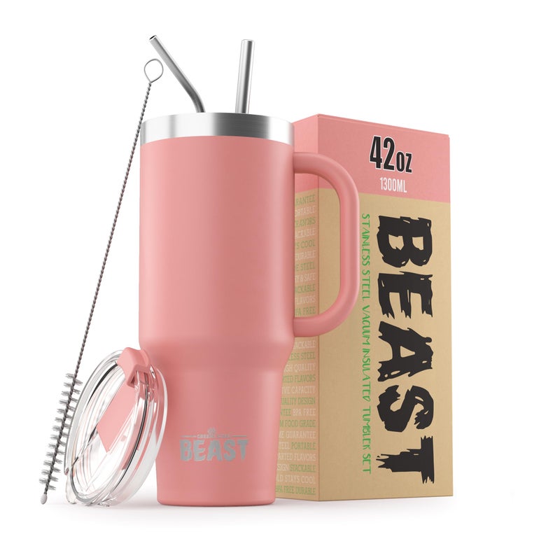 Greens Steel Beast 42 oz Tumbler Stainless Steel Vacuum Insulated Coffee Ice Cup Double Wall Travel Flask (Blossom Pink)  - Image 1