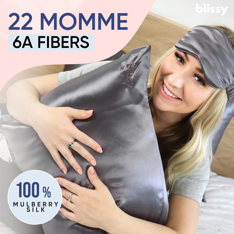 Blissy Silk Pillowcase - 100% Pure Mulberry Silk - 22 Momme 6A High-Grade Fibers - Silk Pillow Cover for Hair & Skin - Regular, Queen & King (Gray, Standard) - Image 2