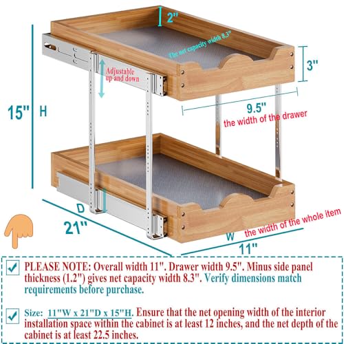 OCG 2 Tier Pull Out Drawers For Cabinets, Double Tier Slide out Wood Cabinet Organizer, Pull Out Shelves for Base Cabinet Organization in Kitchen, Pantry, Bathroom - Image 2