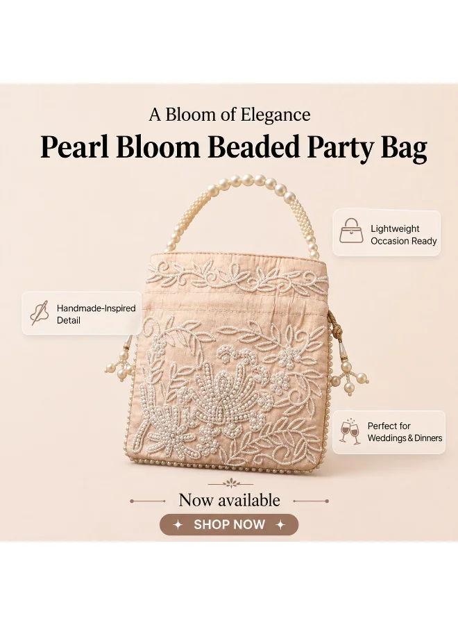Mobcos Mobcos Beige Pearl Floral Print Potli Bag Mobcos Beige Pearl Handcrafted Indian Embroidered Mirror Work Potli Bag for Women | Premium Silk Blend Ethnic Drawstring Handbag with Pearl Handle | Wedding, Bridal, Party & Festive Purse for Women | Best Price UAE
