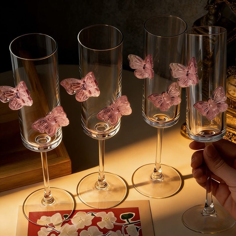 4 Pcs High Borosilicate Glass Champagne Glasses Pink Butterfly Goblet Wine Glasses Ideal For Tasting Champagne And White Wine Perfect For Home Parties Festivals Weddings Celebrations And Bars - Image 1