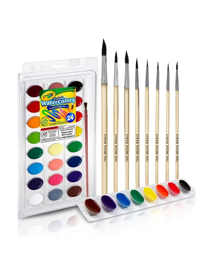 The Mega Deals Watercolor Paint Set Includes 24 Watercolor Paint 8 Paint Brushes For Kids Ultimate Washable Paint Watercolor Supplies Set Water Color Painting Kids 9 Piece Set - Image 2