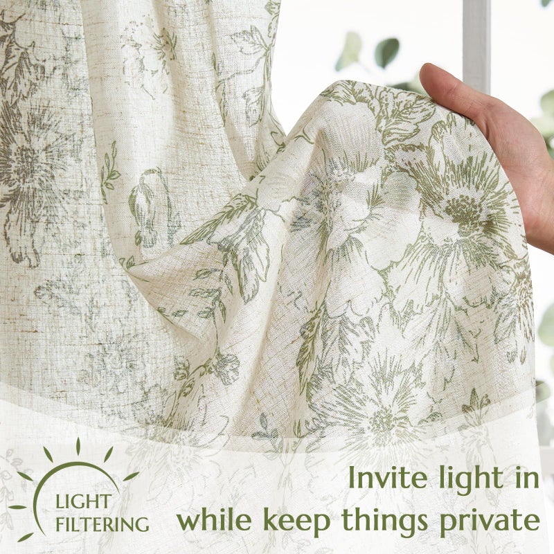 jinchan Linen Floral Tier Curtains 36 Inch Farmhouse Botanic Cafe Curtains Light Filtering Drapes for Small Windows Back Tab Half Window for Kitchen Living Room Bathroom 2 Panels Green - Image 5