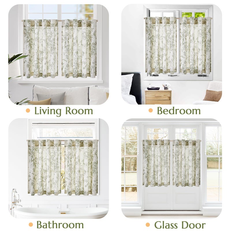 jinchan Linen Floral Tier Curtains 36 Inch Farmhouse Botanic Cafe Curtains Light Filtering Drapes for Small Windows Back Tab Half Window for Kitchen Living Room Bathroom 2 Panels Green - Image 4