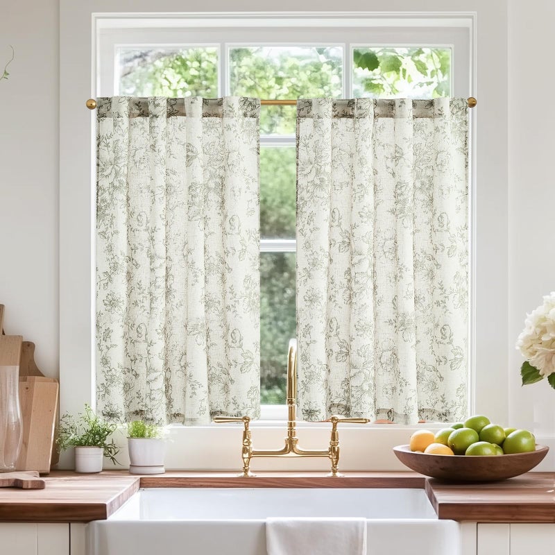jinchan Linen Floral Tier Curtains 36 Inch Farmhouse Botanic Cafe Curtains Light Filtering Drapes for Small Windows Back Tab Half Window for Kitchen Living Room Bathroom 2 Panels Green - Image 1