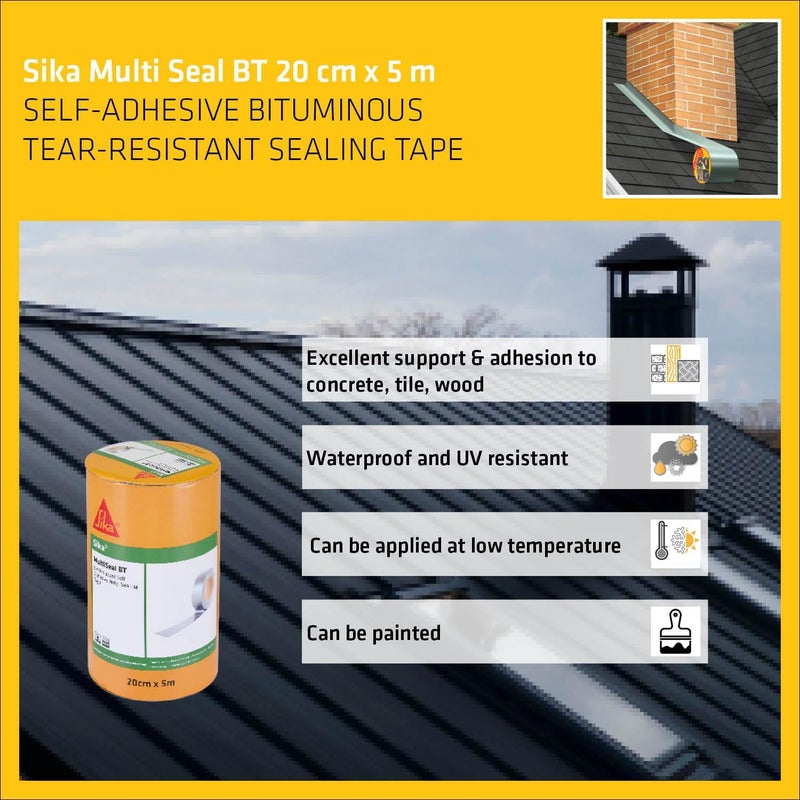 SIKA عبوة من شريط العزل المائي Butyl MultiSeal BT - مقاوم للعوامل الجوية - يمنع تسرب الماء والهواء - شريط مطاطي لثقوب الأنابيب - 20 سم × 5 م - فضي - Image 3