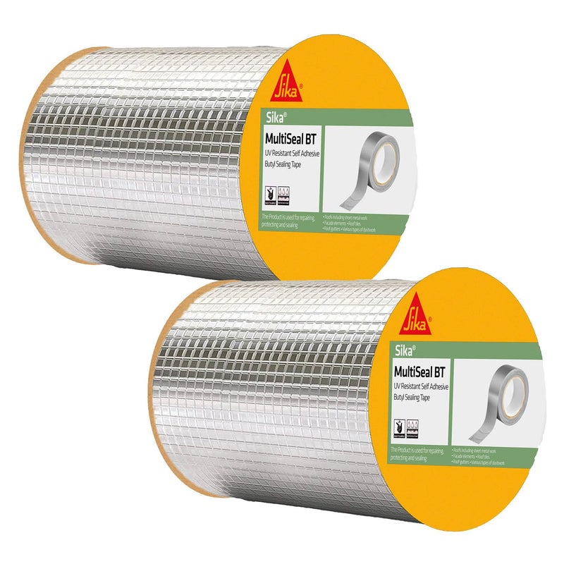 SIKA عبوة من شريط العزل المائي Butyl MultiSeal BT - مقاوم للعوامل الجوية - يمنع تسرب الماء والهواء - شريط مطاطي لثقوب الأنابيب - 20 سم × 5 م - فضي - Image 1
