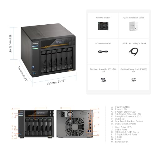 asustor أسستور لوكرستور 6 جين 3 AS6806T 6 باي NAS، معالج AMD رايزن رباعي النواة 2.3 جيجاهرتز، 16 جيجابايت ECC DDR5، 4 فتحات M.2 NVMe، مزدوجة 5GbE و 10GbE، تخزين متصل بالشبكة لمبدعي الفيديو والمحتوى (بدون قرص)  - Image 3