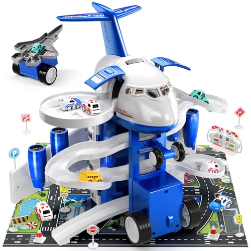 TEMI Kids Airplane Car Toys Race Tracks Transport Airplane Adventures 26 Boys Girls 8 City Cars Garage Parking Lot Playmat Birthday Gifts - Image 1