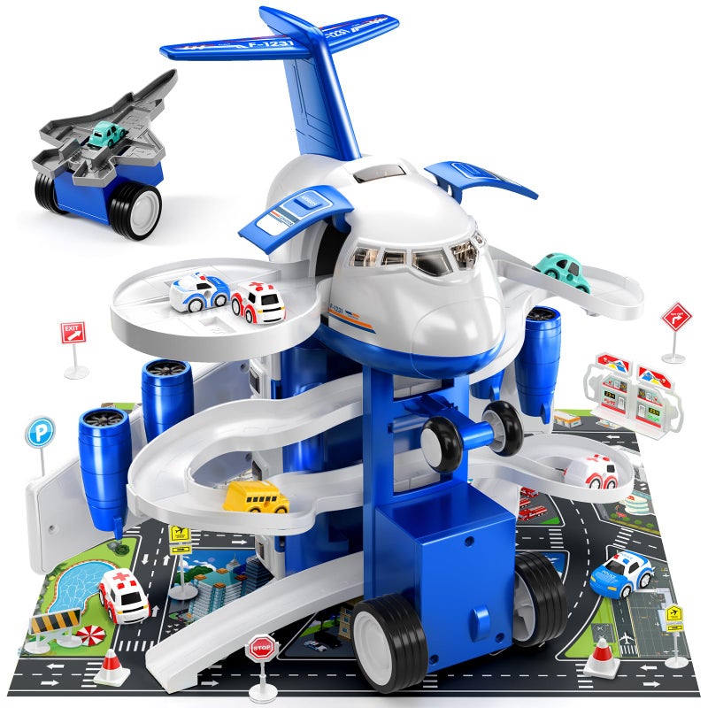 TEMI Kids Airplane Car Toys Race Tracks Transport Airplane Adventures 26 Boys Girls 8 City Cars Garage Parking Lot Playmat Birthday Gifts - Image 2
