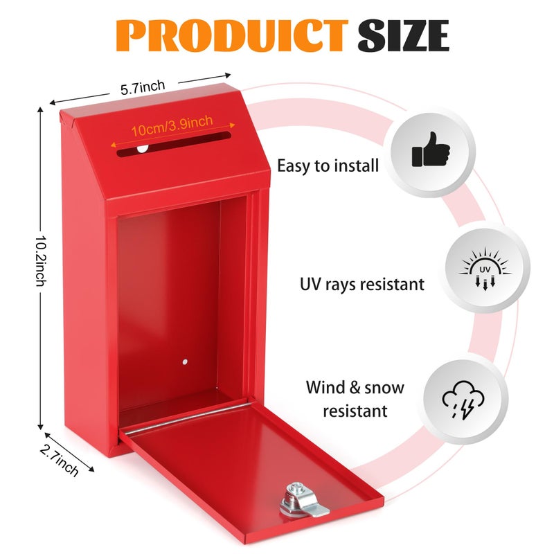 Fubeasi Metal Locking Mailbox Wall Mounted RustMail Case Lockable Mail Letterbox Suggestion Box for Home Office Outdoor Door, 10.24 x 5.71 x 2.75 Inch (Red) - Image 2