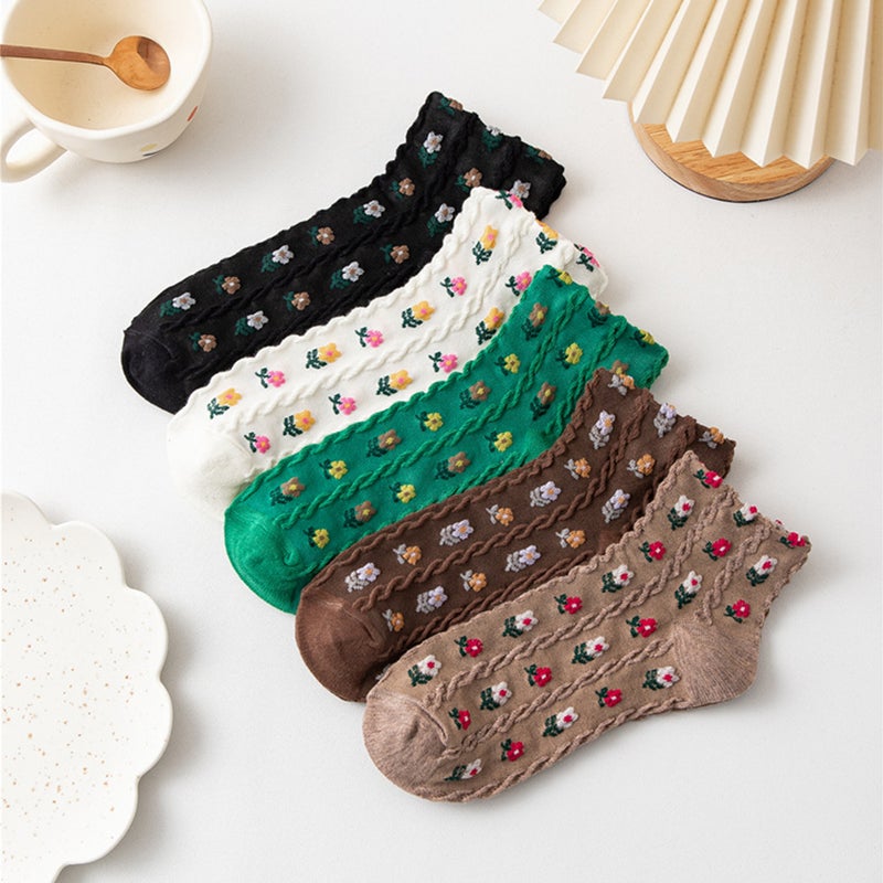 10 Pairs Girls Student Socks Teens Student Novelty Cotton Flower Socks Dress Socks - Image 1