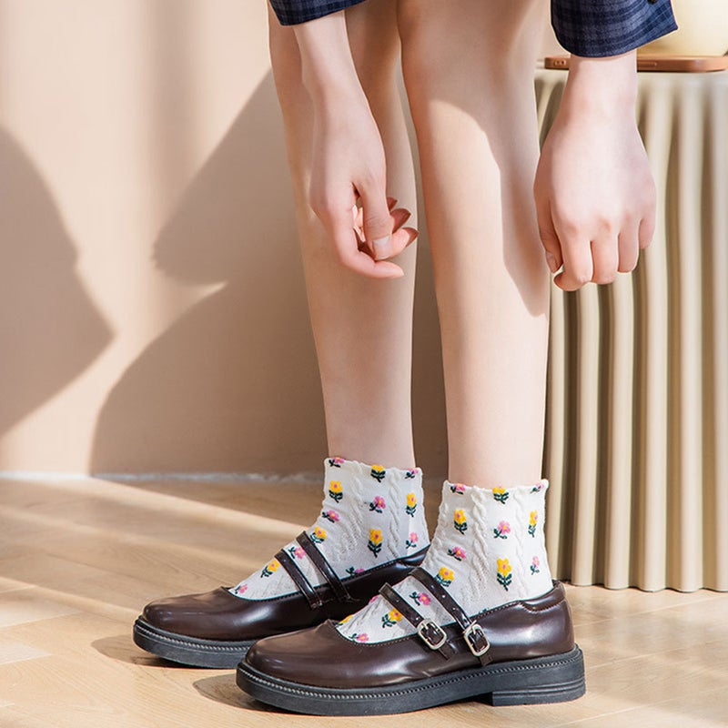 10 Pairs Girls Student Socks Teens Student Novelty Cotton Flower Socks Dress Socks - Image 4