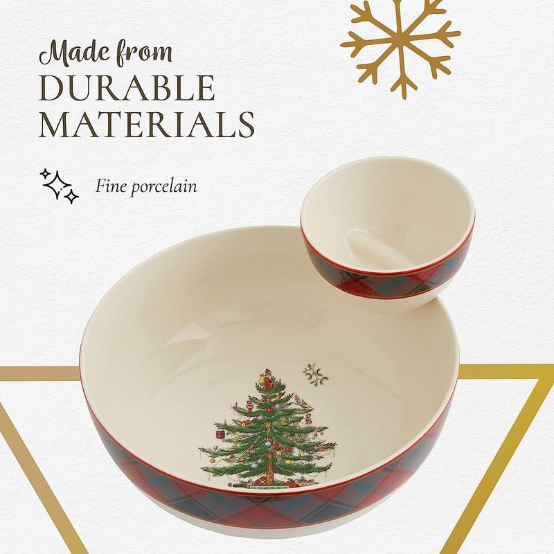 Spode Spode Christmas Tree Tartan Tiered Chip and Dip Serving Set  2Piece Festive Holiday Entertaining Collection  Tartan Plaid Border Porcelain  Dishwasher Microwave Oven Freezer Safe - Image 4