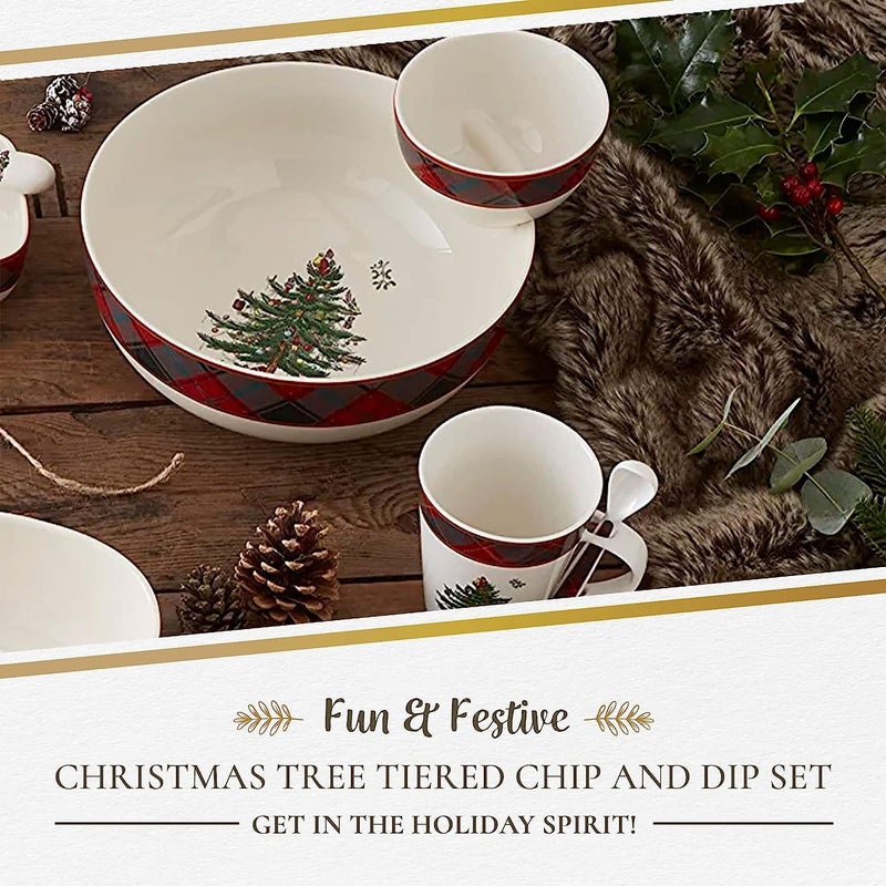 Spode Spode Christmas Tree Tartan Tiered Chip and Dip Serving Set  2Piece Festive Holiday Entertaining Collection  Tartan Plaid Border Porcelain  Dishwasher Microwave Oven Freezer Safe - Image 2