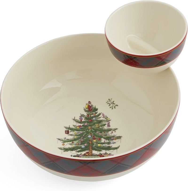 Spode Spode Christmas Tree Tartan Tiered Chip and Dip Serving Set  2Piece Festive Holiday Entertaining Collection  Tartan Plaid Border Porcelain  Dishwasher Microwave Oven Freezer Safe - Image 1