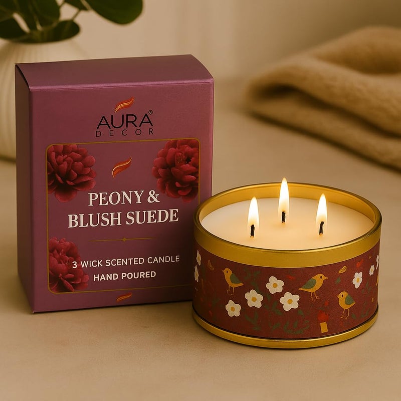 AURA DECOR AuraDecor 3-Wick Scented Tin Candle | Premium Gift Set | Hand Poured Soy Blend | Long Lasting | Home Fragrance | Relaxation & Decor (Peony & Blush Suede) - Image 5