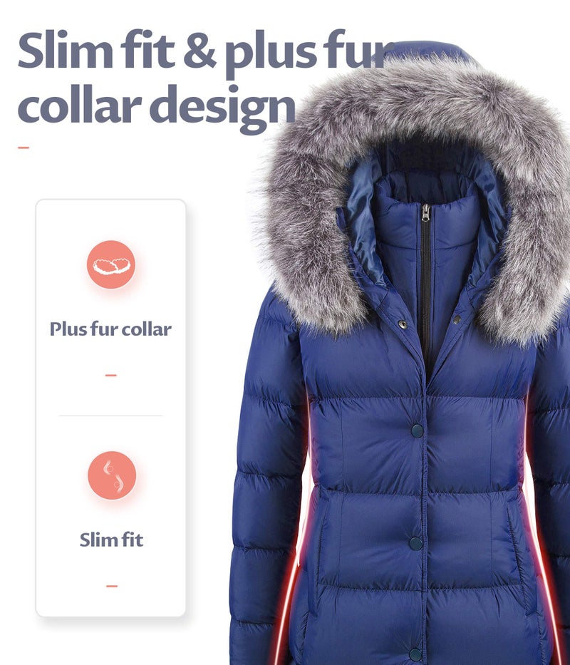 CREATMO US Women's Thickened Jacket Slim Fit Snow Jackets Quilted Coat Navy M - Image 3