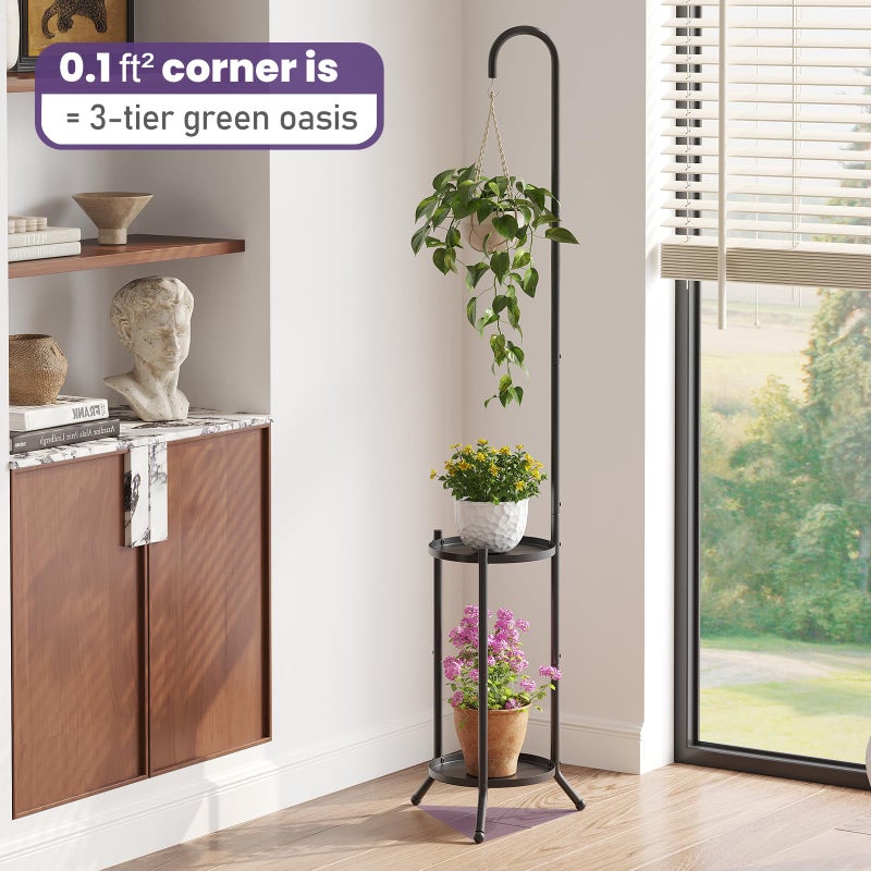 Wieghda 2-Tier Metal Plant Stand with Hanging Hook, Indoor Outdoor Plant Shelf,Heavy Duty Plant holder Rustproof Iron Multiple Plant Round Supports Rack for Planter Corner Garden Balcony Patio (Black) - Image 4