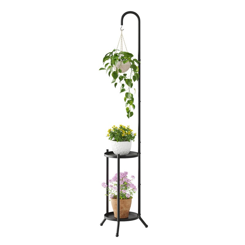 Wieghda 2-Tier Metal Plant Stand with Hanging Hook, Indoor Outdoor Plant Shelf,Heavy Duty Plant holder Rustproof Iron Multiple Plant Round Supports Rack for Planter Corner Garden Balcony Patio (Black) - Image 1