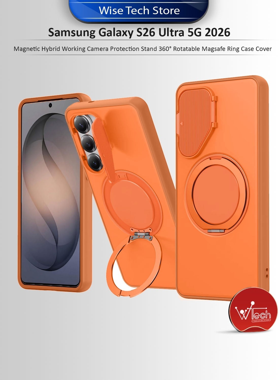 Wtech Samsung Galaxy S26 Ultra 5G 2026 Magnetic Hybrid Working Camera Protection Stand 360° Rotatable Magsafe Ring Case Cover (MCMPMN) - Orange