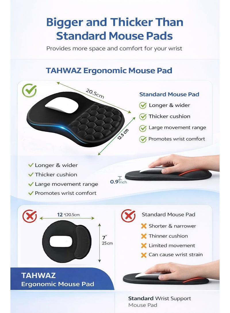 تحواز وسادة ماوس مريحة من تهواز مع دعم للمعصم وتصميم للتدليك - وسادة من إسفنج الذاكرة، قاعدة من البولي يوريثان غير قابلة للانزلاق، لتخفيف الألم للمكتب والمنزل والألعاب (12 × 8 بوصة، أسود) - Image 5