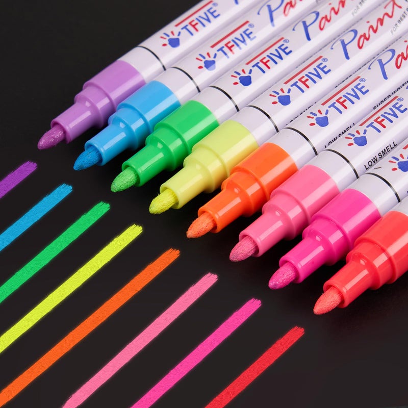 TFIVE Fluorescent Paint Markers, 8 Colors Neon UV Paint Pens for Blacklight - Oil-Based, Medium Tip, Waterproof Permanent Marker Pens for Rock Painting, DIY Art Crafts, Scrapbooking, Glass Windows - Image 2