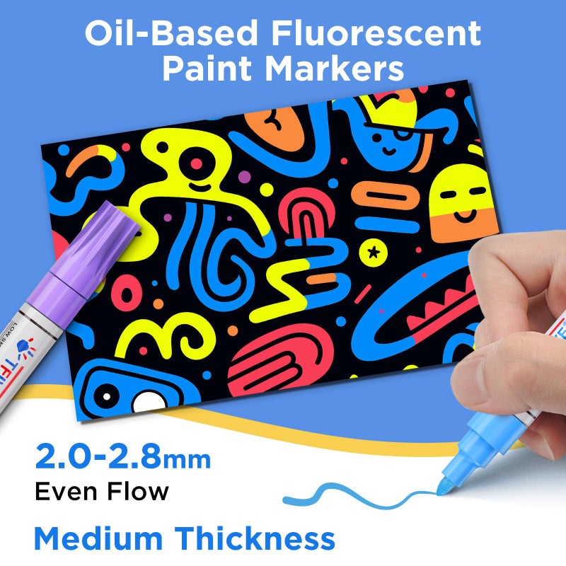 TFIVE Fluorescent Paint Markers, 8 Colors Neon UV Paint Pens for Blacklight - Oil-Based, Medium Tip, Waterproof Permanent Marker Pens for Rock Painting, DIY Art Crafts, Scrapbooking, Glass Windows - Image 4