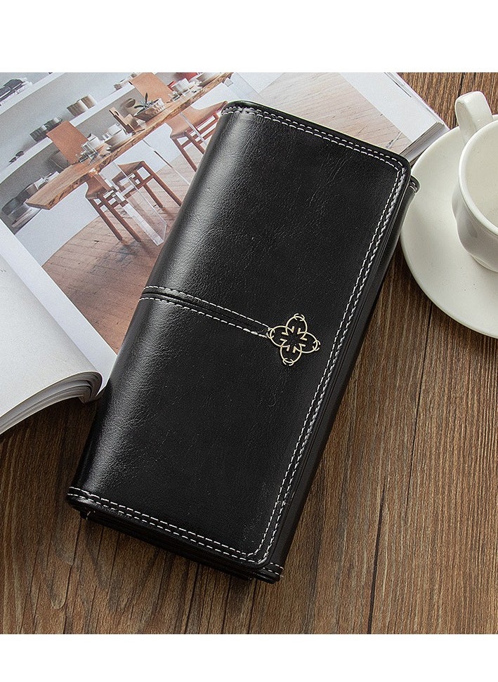 Generic - Long Vintage PU Leather Wallet Zipper Large Capacity Multi-Slot Black Clutch 19*10*4 - Image 1